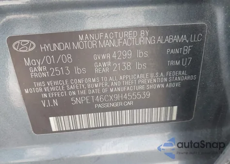 2009 Hyundai Sonata Gls из США, поврежденный, VIN 5NPET46CX9H455539